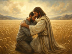 Omni Modal AI generated image of Jesus comforting a man in a field.