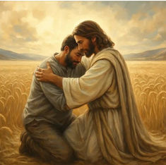 Omni Modal AI generated image of Jesus comforting a man in a field. 