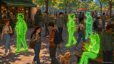 People relax in a sunny park café, with glowing neon green figures, coffee cups, a dog on leash, and a COFFEE sign nearby.