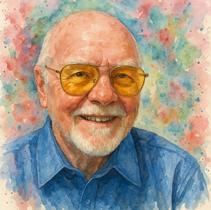 Watercolor portrait of a smiling elderly man with yellow glasses and a blue shirt; colorful, abstract background. Warm, cheerful mood.