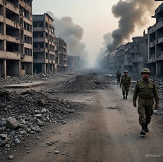 Soldiers walk through a war-torn street lined with damaged buildings and rubble. Smoke rises in the background, creating a tense atmosphere.