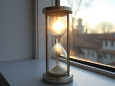 Sunlit hourglass on a windowsill, glowing in warm light with a blurred house and trees outside.