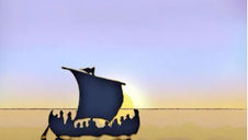 Silhouetted ship with sail and crew at sunrise over calm sea, in silhouette. Sky is gradient of purple and yellow. Artwork signed Henry Martin.