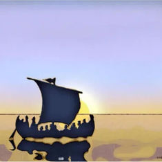 Silhouetted ship with sail and crew at sunrise over calm sea, in silhouette. Sky is gradient of purple and yellow. Artwork signed Henry Martin.