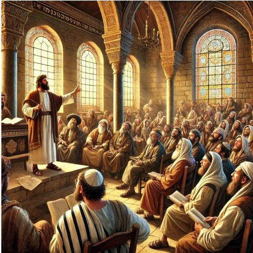 A man in a robe speaks passionately to a large crowd in a historic hall with ornate arches and stained glass. The audience appears attentive.