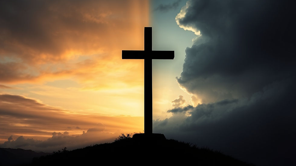 Silhouette of a cross on a hill during a storm, symbolizing faith under pressure from Christian nationalism, with golden sky and dark storm clouds creating a dramatic, solemn mood.
