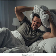 Man in bed presses pillow on head, looks frustrated. Bedroom setting with dim lighting, white bedding, and gray shirt.