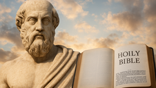 Marble statue of a bearded man next to an open book labeled "HOILY BIBLE." Background features a cloudy sky at sunset.