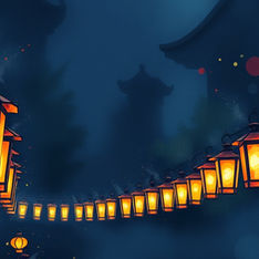 String of glowing lanterns against a dark, starry night sky. The warm glow creates a serene ambiance with silhouetted structures in the background.