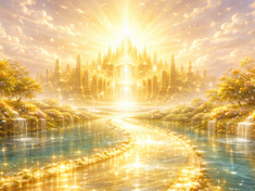 Golden castle shines in the distance, surrounded by lush trees and waterfalls. A sparkling river leads to the castle, evoking a magical mood.
