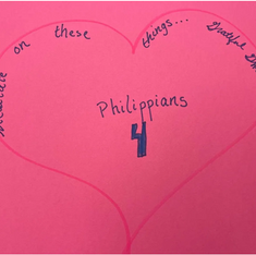 Pink background with a heart outline. Text inside reads "Philippians 4." Words around heart: "Meditate on these things... Grateful Mom."