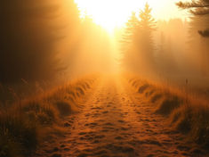 Golden sunrise over a misty forest path lined with pine trees, glowing warm orange in a quiet, serene scene.