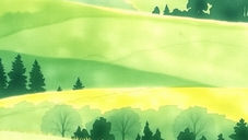 Rolling green hills with trees and soft shadows, under a pale sky. The landscape evokes a serene and tranquil mood.