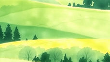 Rolling green hills with trees and soft shadows, under a pale sky. The landscape evokes a serene and tranquil mood.