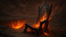 A fiery throne made of dark, volcanic rock sits amidst a lava-filled landscape under a stormy sky, evoking a sense of danger and power.