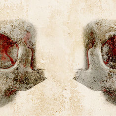 Two abstract skull profiles face each other on a textured beige background, with prominent red and brown hues highlighting facial structures.