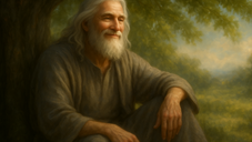 Elderly man with long white hair and beard sits peacefully under a tree. He wears a grey robe, smiling softly against a lush green backdrop.
