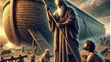 A bearded man with a staff stands on a wooden platform before a large ark. People work in the rain; animals and clouds in the background.