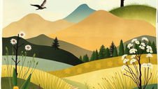 Illustrated landscape with mountains, trees, and a path through wildflowers. Two birds fly overhead. Calm and scenic nature setting.