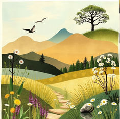 Illustrated landscape with mountains, trees, and a path through wildflowers. Two birds fly overhead. Calm and scenic nature setting.