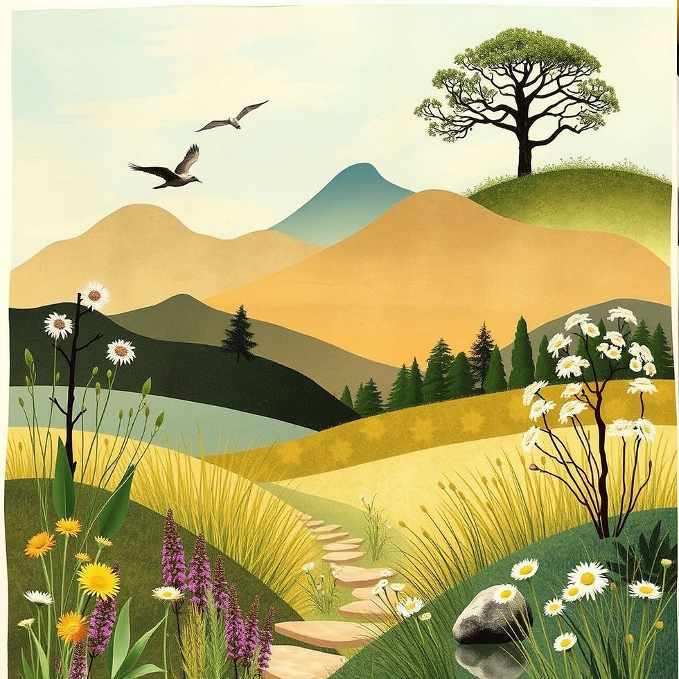 Illustrated landscape with mountains, trees, and a path through wildflowers. Two birds fly overhead. Calm and scenic nature setting.