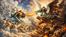 Angelic warriors battle demons and a dragon on swirling clouds. Bright armor contrasts with fiery scales. A celestial cosmic backdrop.
