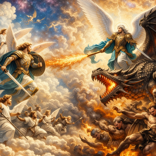 Angelic warriors battle demons and a dragon on swirling clouds. Bright armor contrasts with fiery scales. A celestial cosmic backdrop.