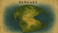 Map of Pangaea in earthy tones, labeled at the top. The landmass is green with shaded texture, set against a blue ocean background.