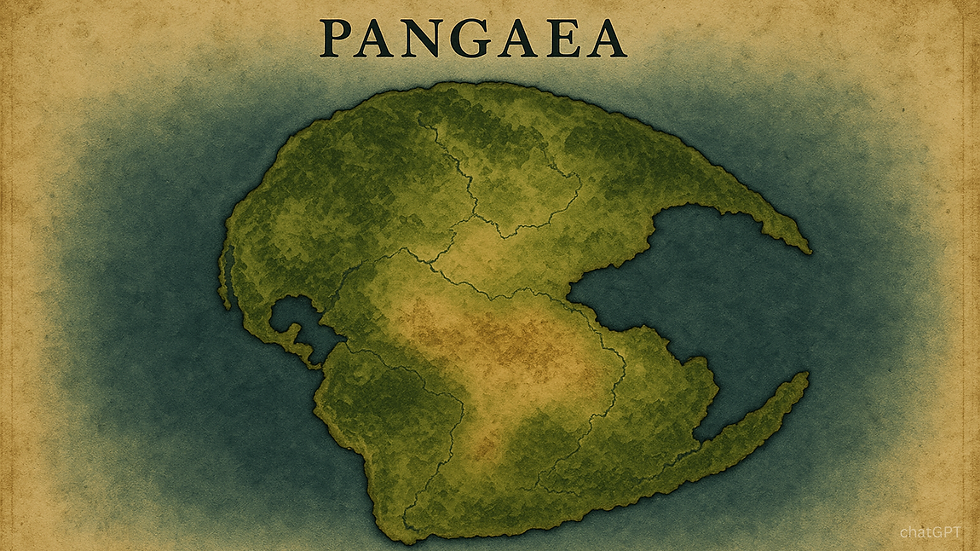 Map of Pangaea in earthy tones, labeled at the top. The landmass is green with shaded texture, set against a blue ocean background.