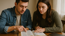 Two people reading a book at a wooden table, focused. One points at the text. Warm lighting, a notebook nearby, calm atmosphere.