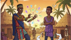 Two animated figures in colorful attire interact in a village with huts and palm trees, symbols floating between them, creating an intriguing scene.