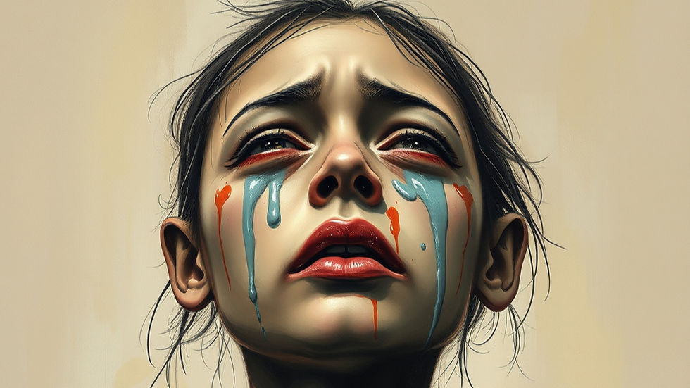 Close-up of a tearful child’s face with blue and orange paint-like tears, looking upward against a plain beige background.