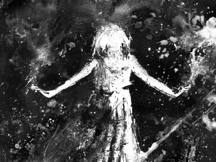 A figure stands, arms outstretched, in a swirling black and white abstract background with splatters and streaks, creating a mysterious mood.