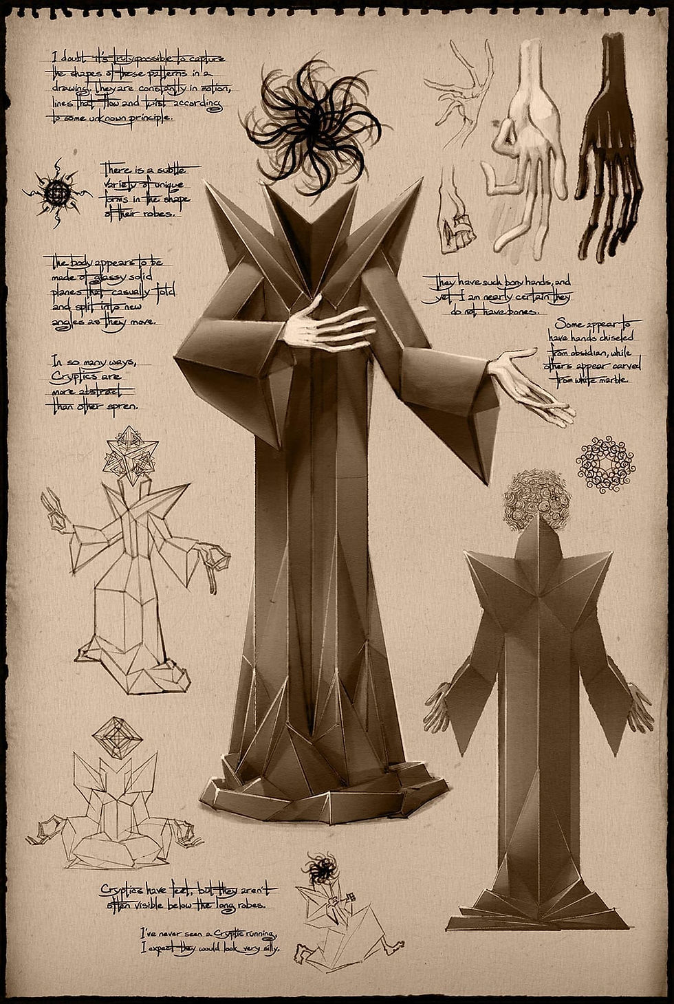 Abstract figures with angular robes and swirling hair, surrounded by hand sketches and notes. Earthy tones on a textured paper background.