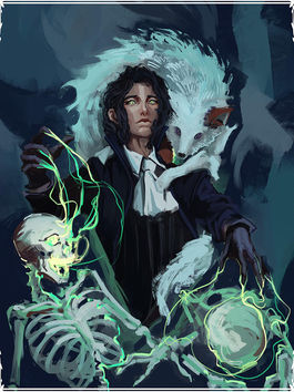 Person with a glowing animal on shoulder manipulates neon green energy with two skeletons in a dark, mystical setting. Mysterious mood.