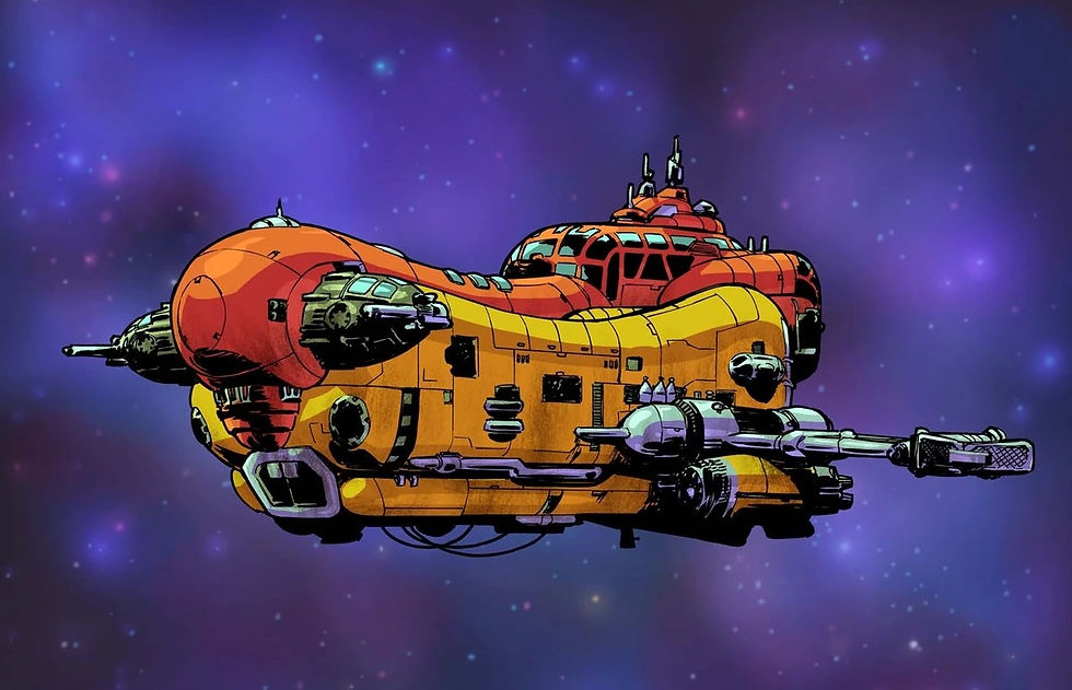 A red and yellow spaceship flies through a purple galaxy backdrop, featuring stars and cosmic elements. The mood is adventurous.
