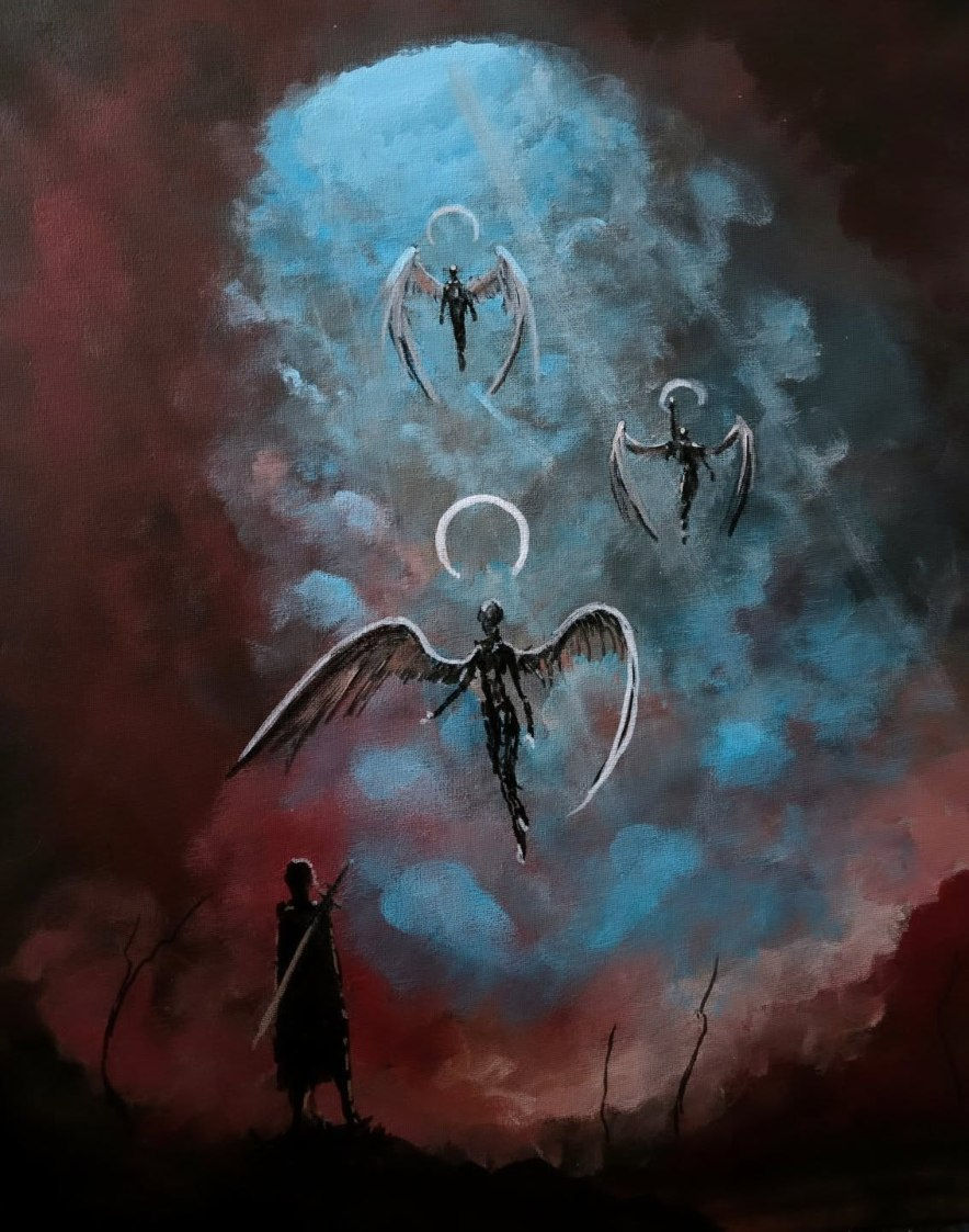 Dark fantasy painting of a lone figure facing three winged, haloed beings in a blue cloud against a red-black sky.