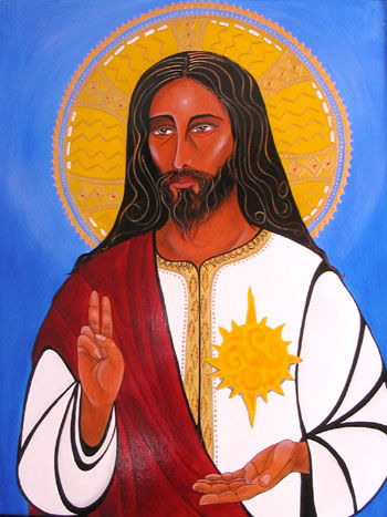 Religious figure with halo gestures blessing with right hand. Wears red and white robe with sun emblem. Blue background. Spiritual mood.