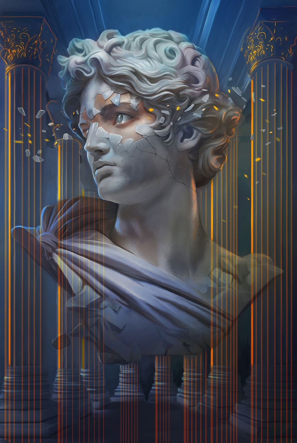Cracked marble bust of a classical statue in a blue hall, with orange light streaks and drifting shards, evoking a dramatic mood