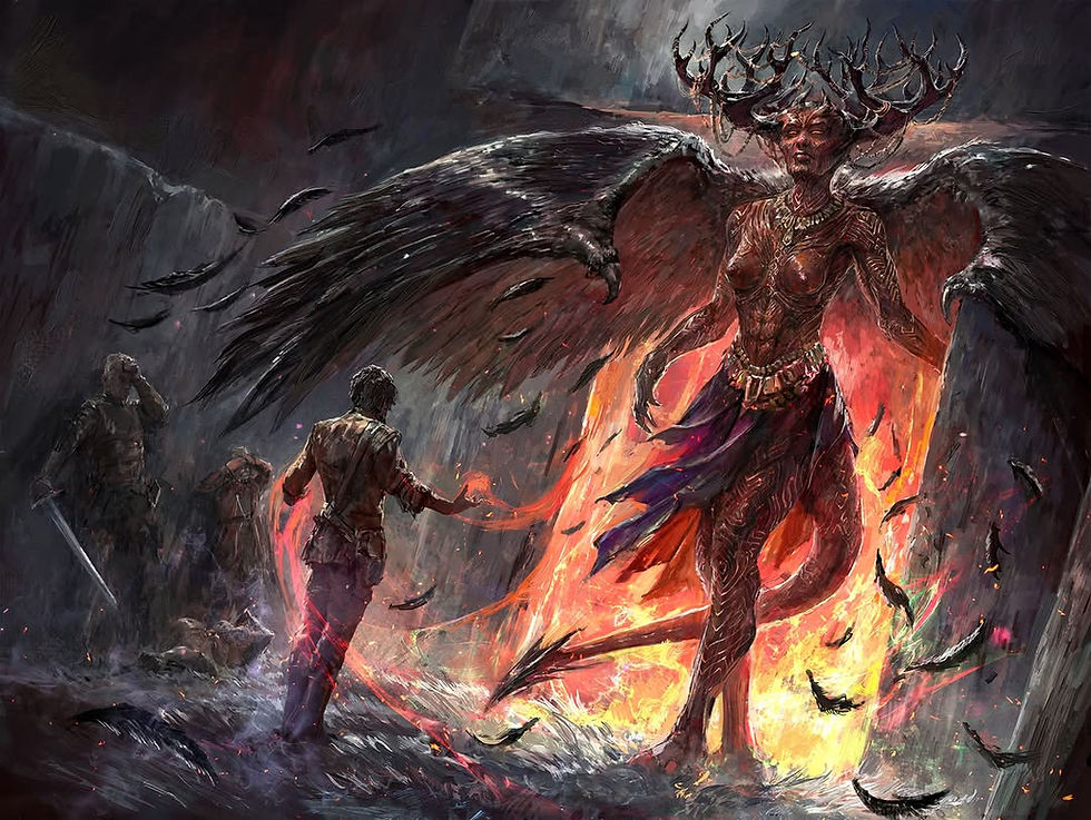 Mythical creature with antlers and wings emerges from fire, facing a person with a sword. Dark, dramatic setting with falling feathers.