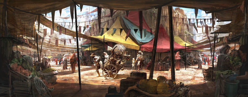 Bustling market scene with people, crates, and a robot pulling a cart under colorful canopies. Atmosphere is vibrant and busy.