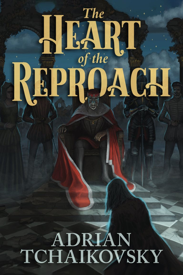 A robed figure sits on a throne in a dark, medieval setting, surrounded by armored guards. "The Heart of the Reproach" text above.