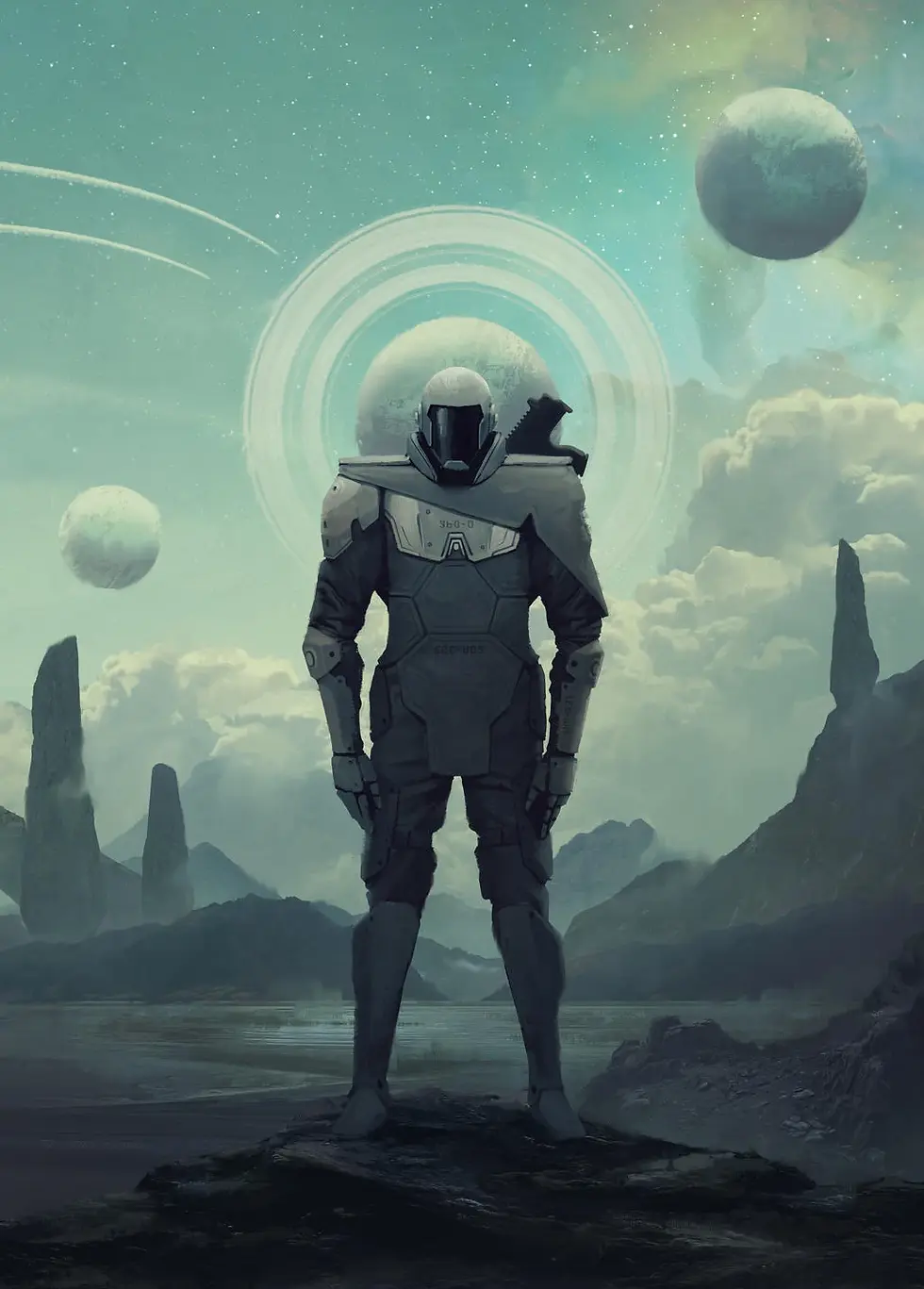 A space-suited figure is standing with the rings of a planet forming a halo behind their head.
