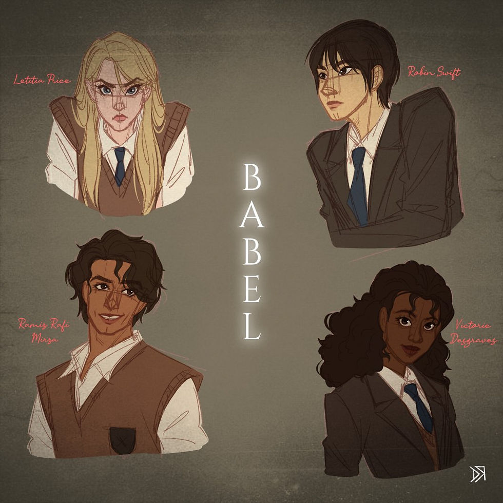 Four animated characters in school uniforms, with names written in red. Text "BABEL" in the center. Neutral background.