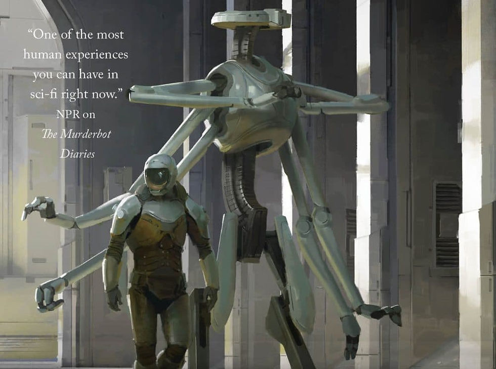 A similar suited figure stands at roughly two thirds the height of a sleek, six-armed robot.