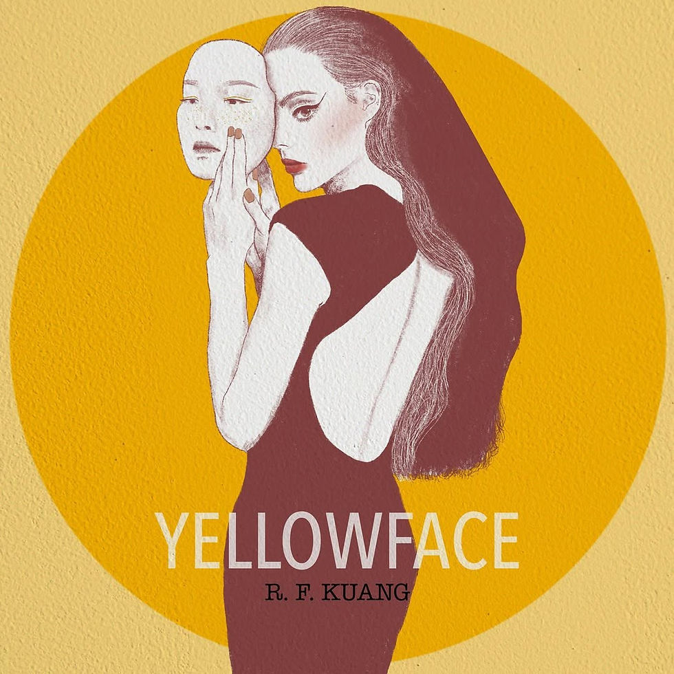 Woman in a black dress holds a mask against a yellow circle backdrop. The text reads "YELLOWFACE R.F. KUANG." Mood is mysterious.