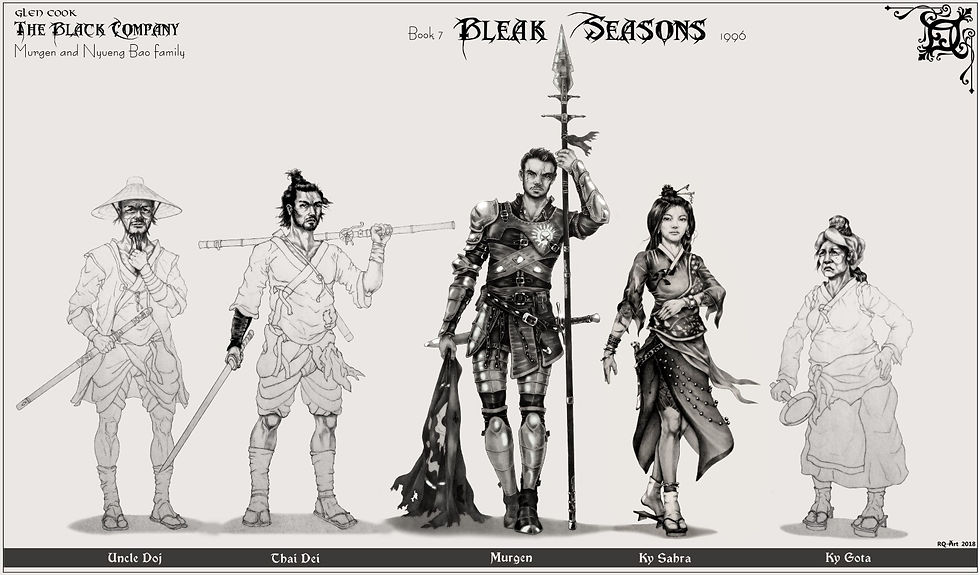 Five characters in detailed costumes stand in a line. Middle figure holds a spear. Text: "The Black Company," "Bleak Seasons." Monochrome.