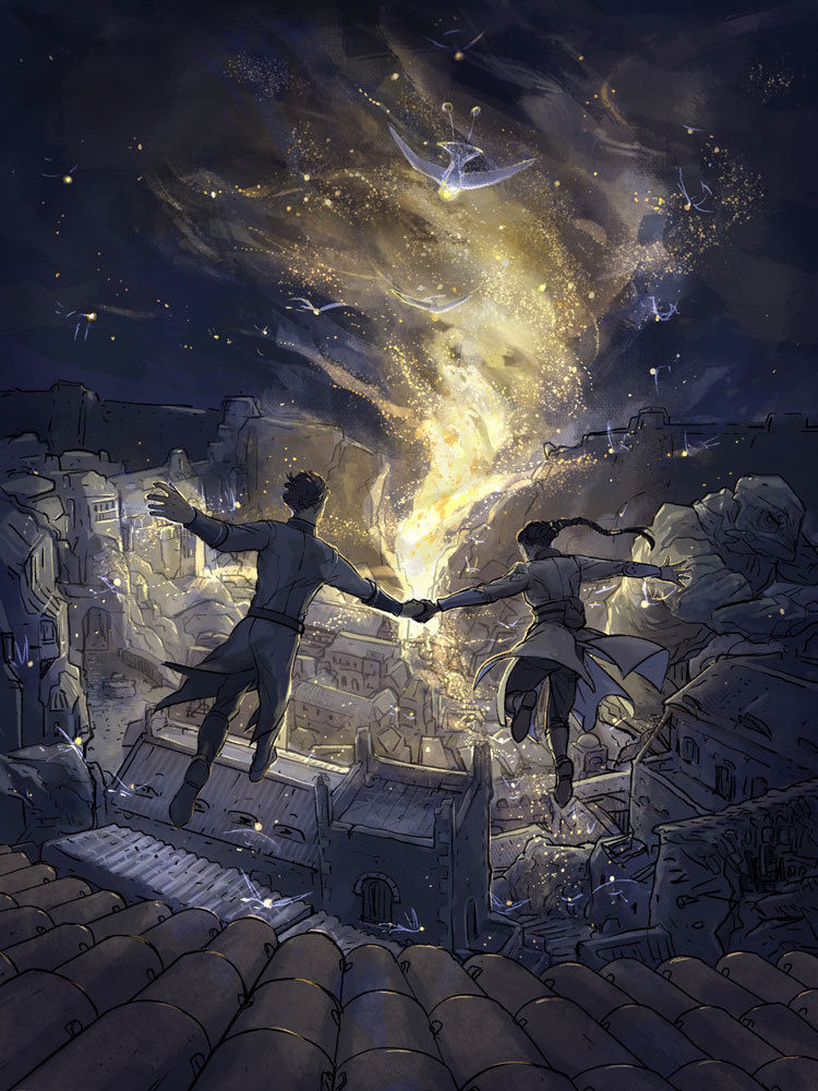 Two people hold hands, leaping over rooftops towards a glowing cityscape. Stars and sparkles illuminate the night sky, creating a magical atmosphere.