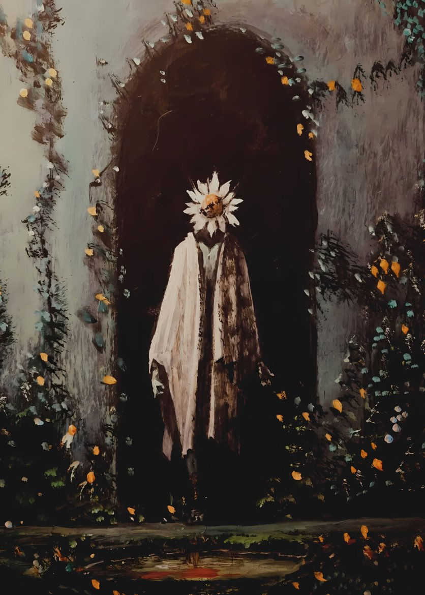 A figure with a flower head stands in an arched, vine-covered doorway. Dark, moody atmosphere with scattered colorful leaves.