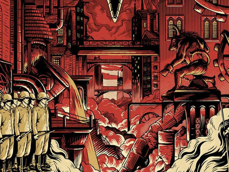 Surreal scene with soldiers and hooded figures in a red industrial setting. A goat-like creature sits atop machinery amid smoke and gears.